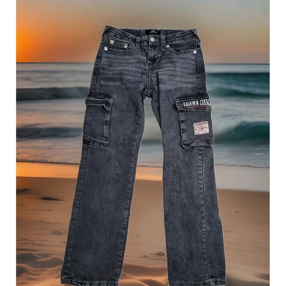 👖True Religion Jeans Boy 10 Shadow Grey Ricky Relaxed Straight Cargo Whiskering